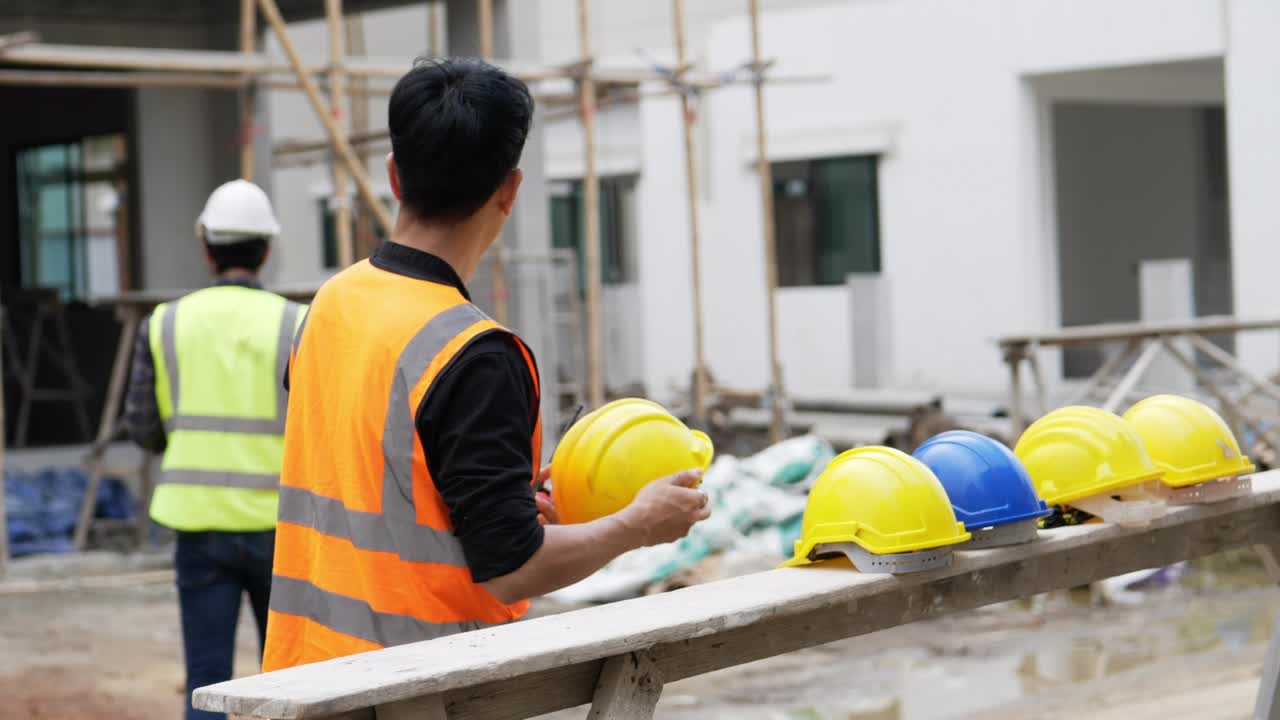 ingenieros civiles se prepara para trabajar con el equipo en el sitio de construcción mientras lleva un casco de seguridad en la cabeza.
