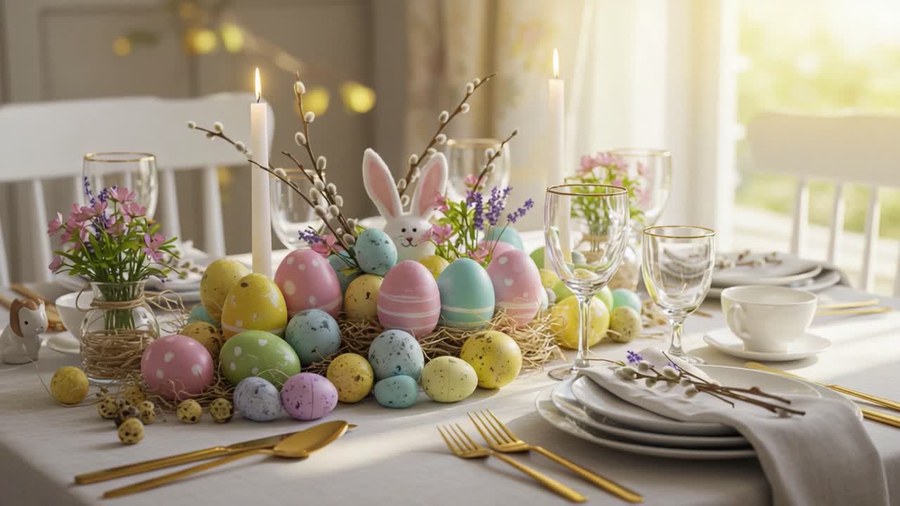 A Vibrant Easter Table Setting with Colorful Eggs, Floral Arrangements, and Candles Creating a Festive Atmosphere for Spring Celebrations