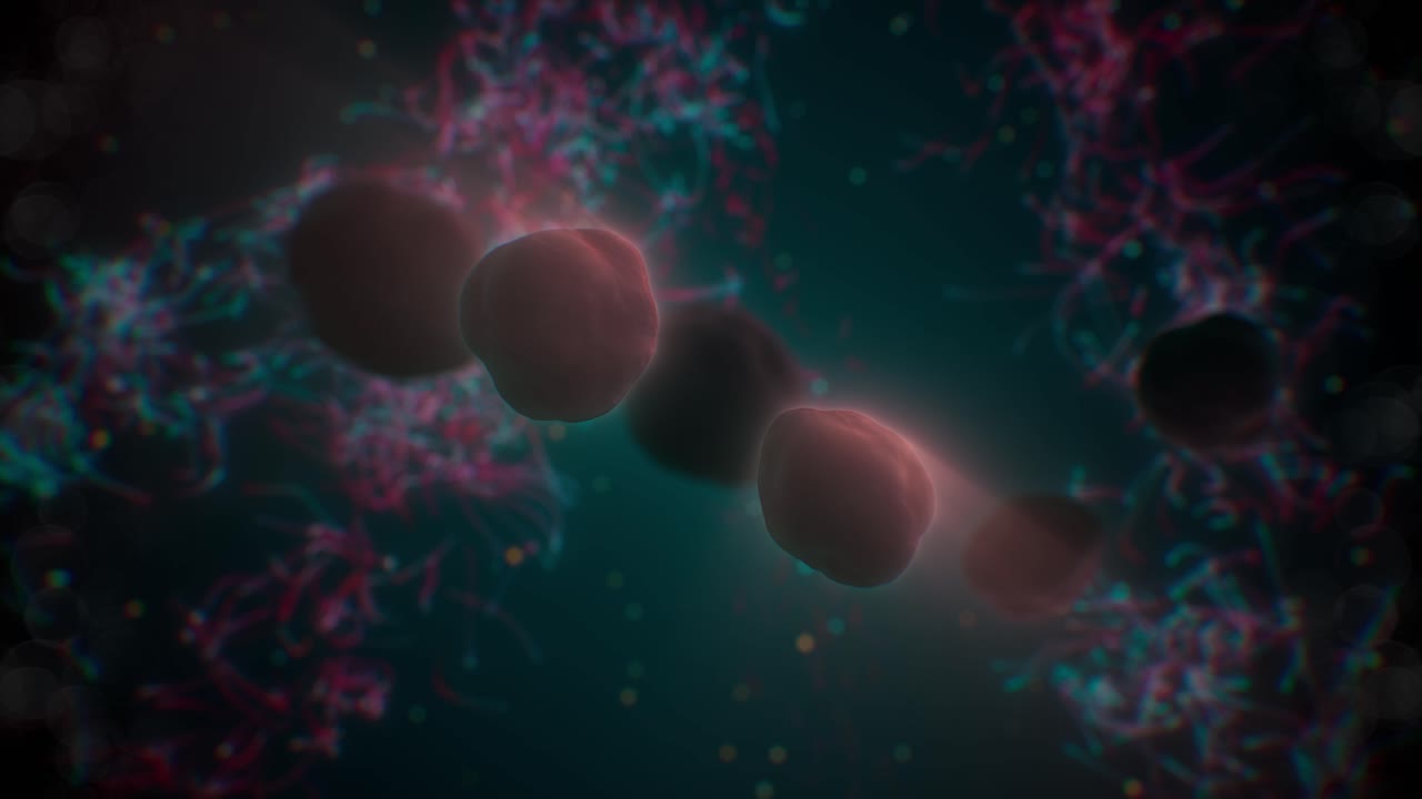 animation of dark red cancer cells replicating with glowing particles in background