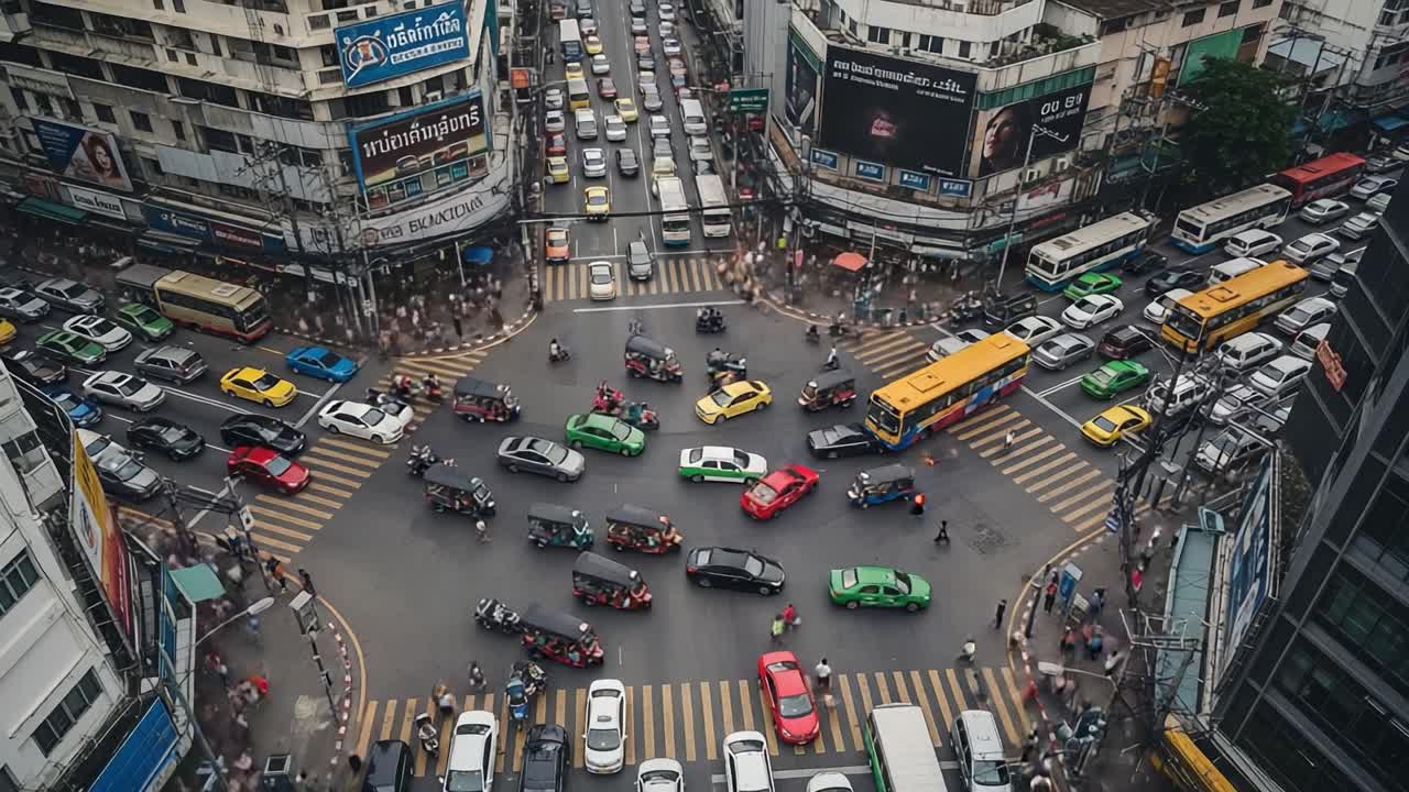 Aerial View of a Busy Urban Intersection with Traffic