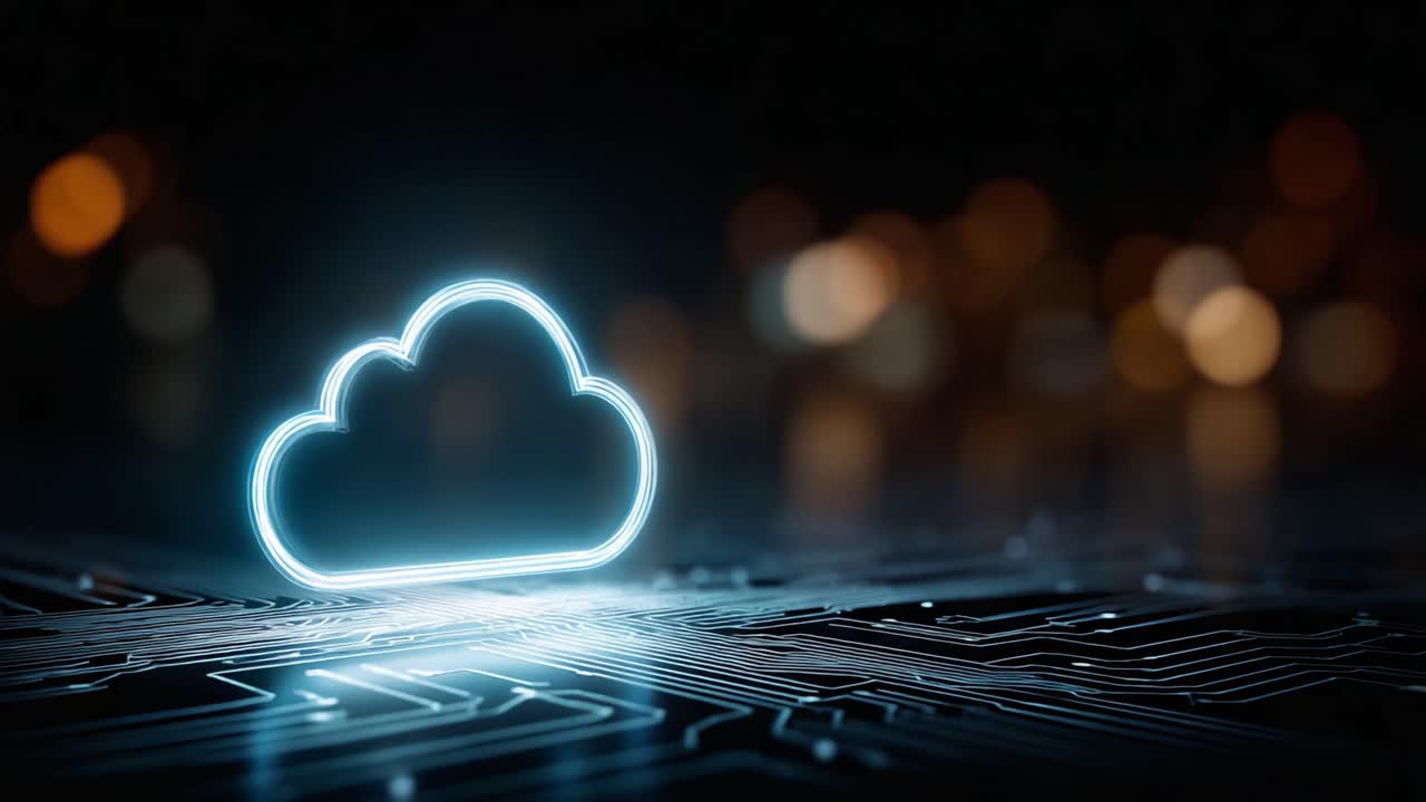 An illuminated cloud icon emerges from a digital circuit background, symbolizing connectivity and the fusion of technology and information in the modern digital landscape