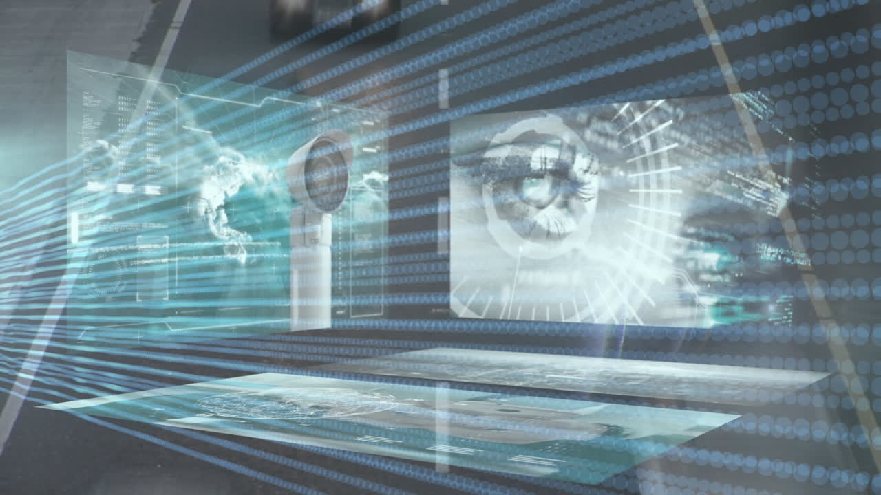 cctv 카메라의 애니메이션과 빠른 움직임의 도로 교통에 대한 화면에서 데이터 처리