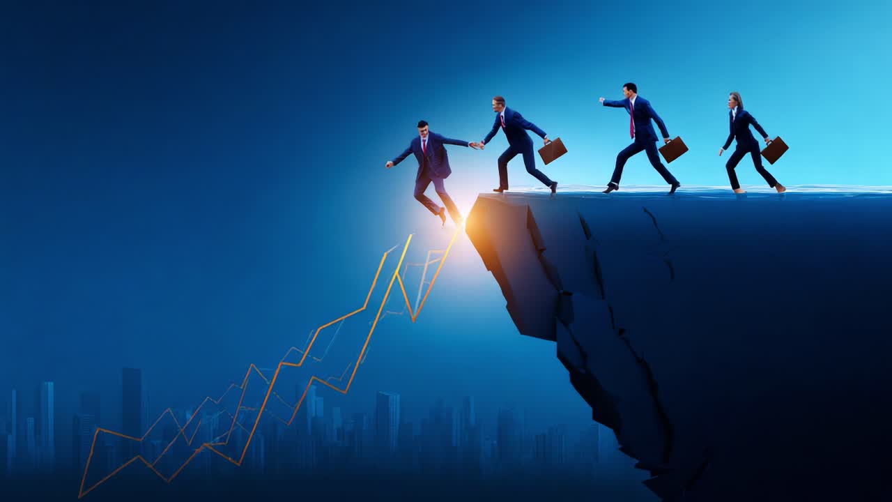 Dynamic Business Progression: Professionals in Suits Climbing Towards Success on a Steep Edge with Graphical Growth Implications Set Against a City Skyline Backdrop