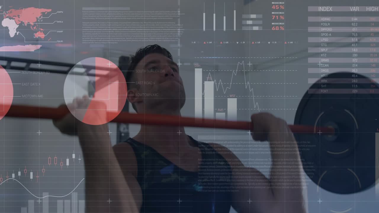 Male fitness lifter gripping red barbell and initiating pressing, animated HUD tracking performance