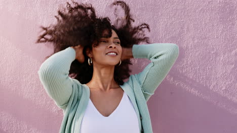 black woman, happy and retro hair care in sunshine