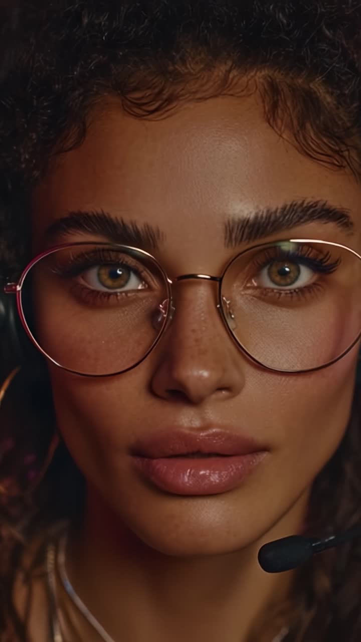 A Close-Up Portrait of a Young Woman Wearing Glasses and a Headset, Highlighting Expressive Features and Engaging Eyes in a Dimly Lit Environment
