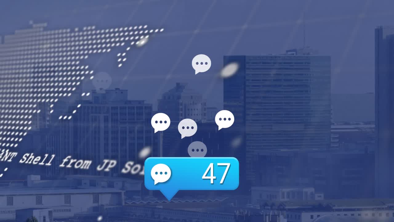 데이터 처리 및 소셜 미디어 아이콘의 도시 풍경 애니메이션