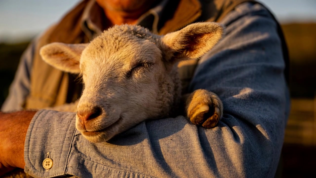 Contadino in camicia di jeans che sistema e culla un agnello al petto, in una fattoria illuminata dal sole, per dargli conforto.