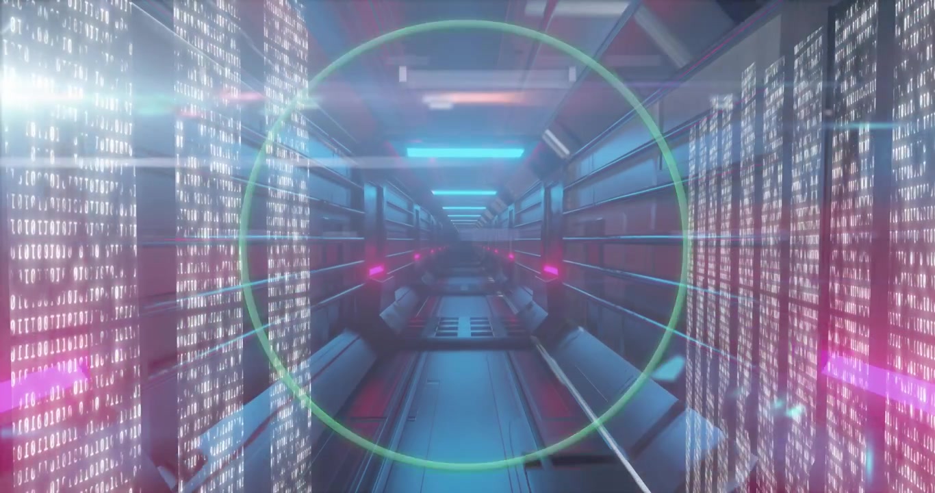 Animation of glowing tunnel with network of connections over man and woman exercising