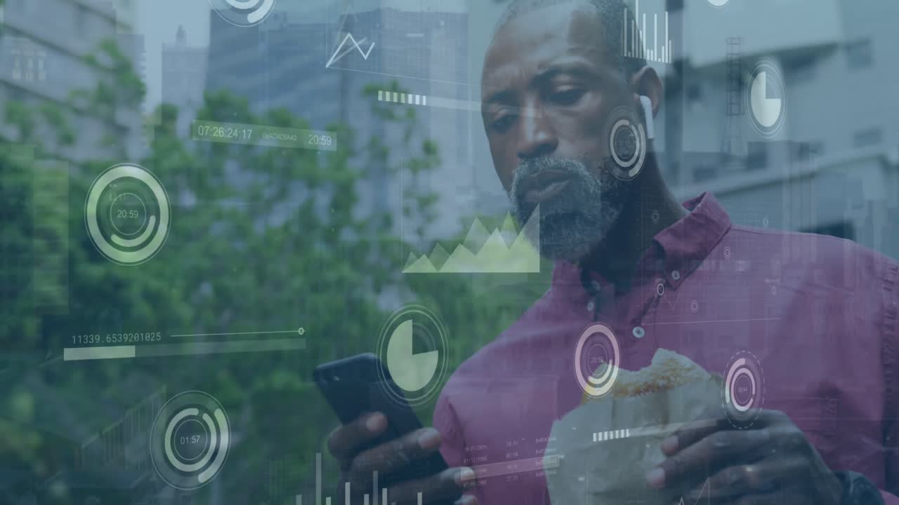 Animation of graphs, loading bars, circles, african american man using cellphone and eating burger