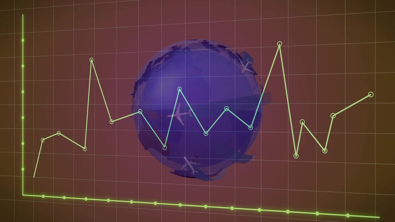 Globo che appare, ruotando e un grafico che aggiunge punti, aerei che appaiono gradualmente mostrando le tendenze del traffico aereo