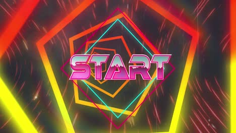 Animation-of-start-text-banner-over-spinning-light-trails-and-hexagonal-shapes-in-seamless-pattern