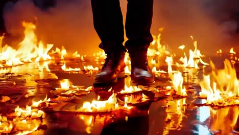 a person standing in front of a fire with their feet in the water