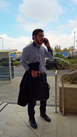 businessman using smartphone on office building steps
