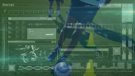 Digital-interface-with-data-processing-against-african-american-male-soccer-player-practicing