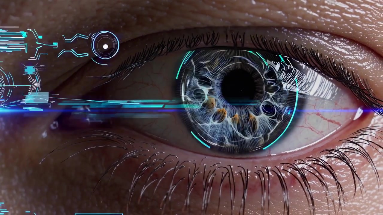 Close-up of Human Eye with Futuristic Digital HUD Interface