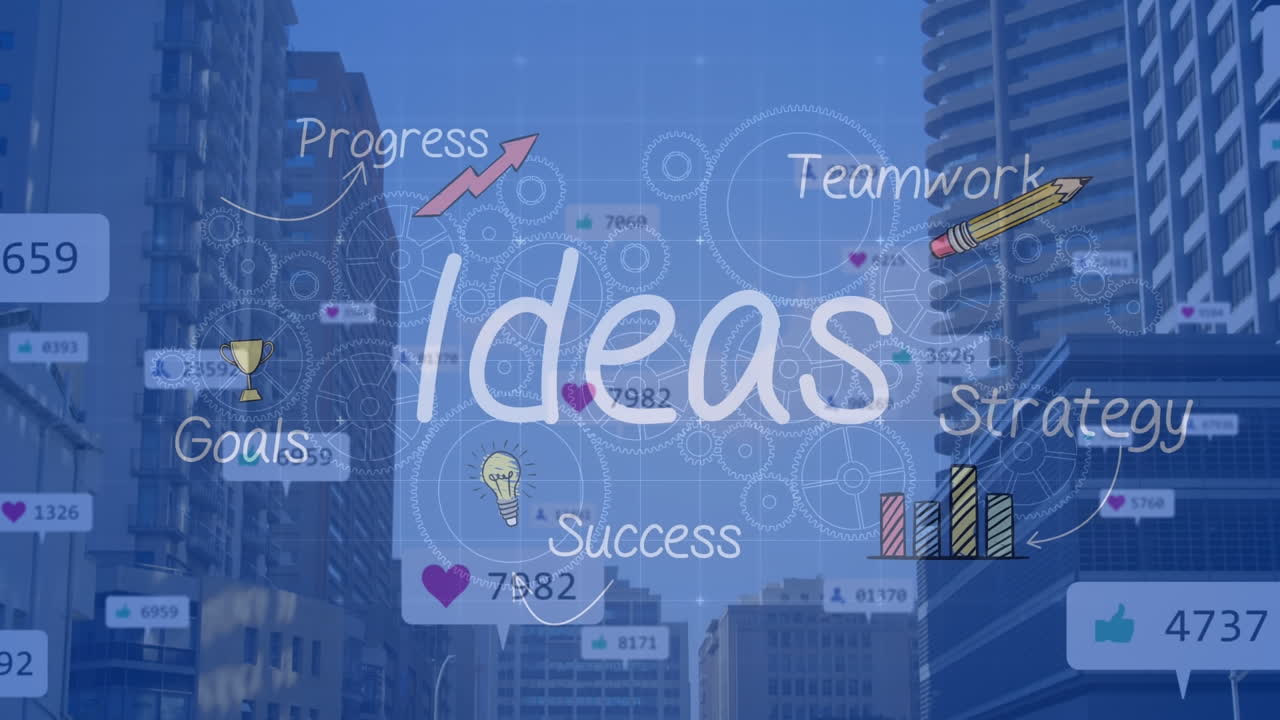 도시 풍경 위의 아이콘과 함께 아이디어 텍스트의 애니메이션