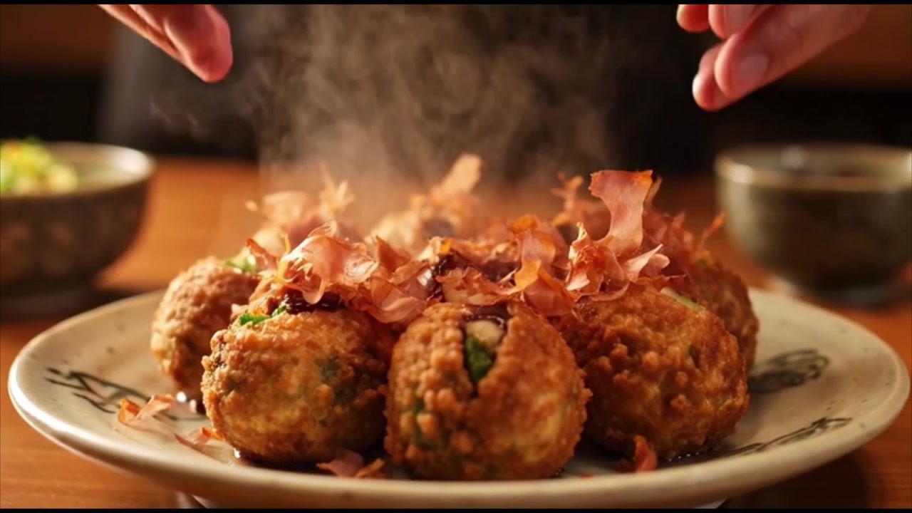 Kok drysser bonito-flager over frisklavet Takoyaki