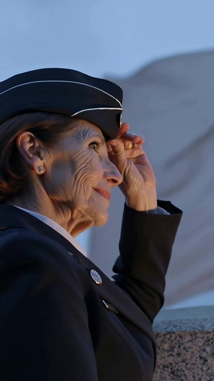 Video verticale: Donna anziana in uniforme che si sistema, osserva il cielo, inclina il berretto con visiera sul bordo e saluta.