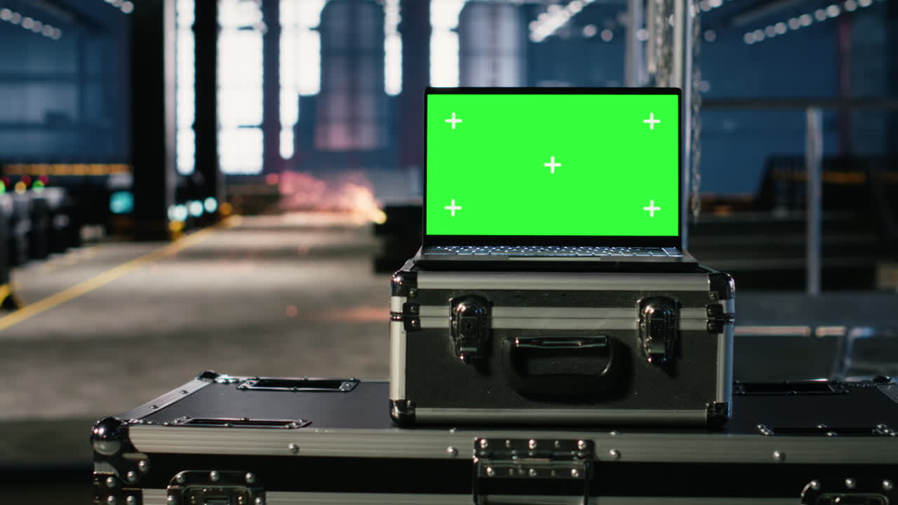 Chroma key in empty industrial warehouse with structured beams