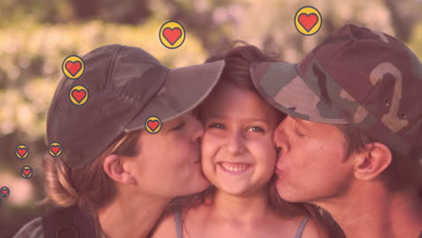 animación de los corazones sobre felices padres soldados caucásicos y su hija