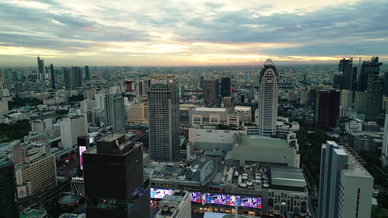 aerial view of smart city skyline cityscape at sunset with shopping mall in Sukhumvit road