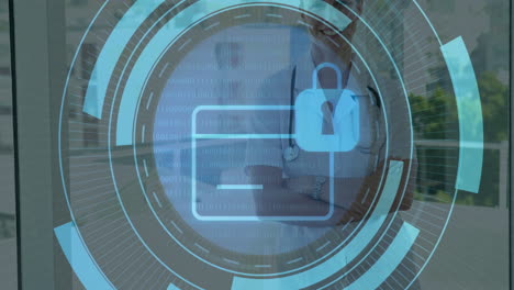 digital security lock animation over doctor using tablet in medical setting