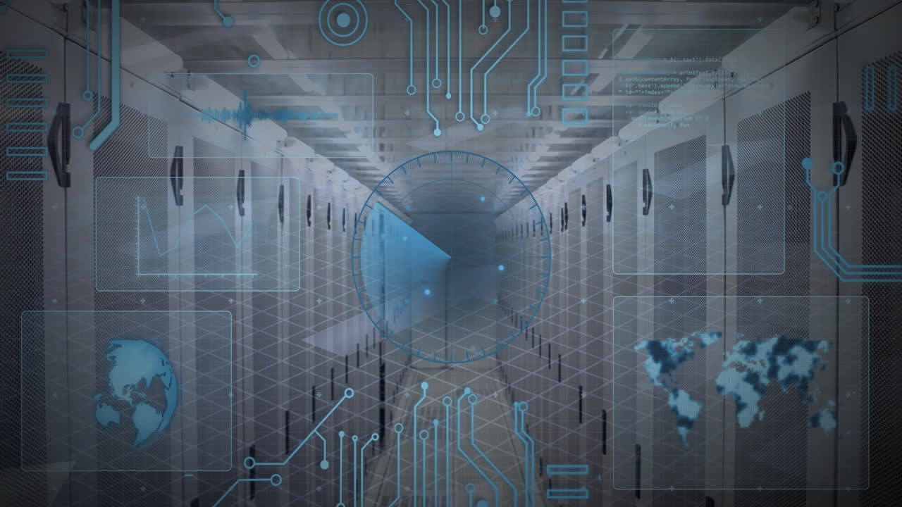 컴퓨터 서버를 통해 범위 스캐닝과 데이터 처리의 애니메이션