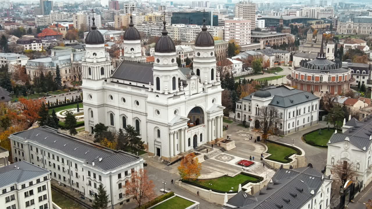Aerial drone view of the The Metropolitan Cathedral in Iasi, Romania. Buildings around it