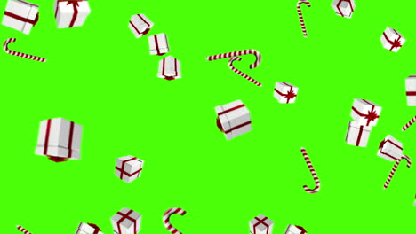 red and white presents falling on green