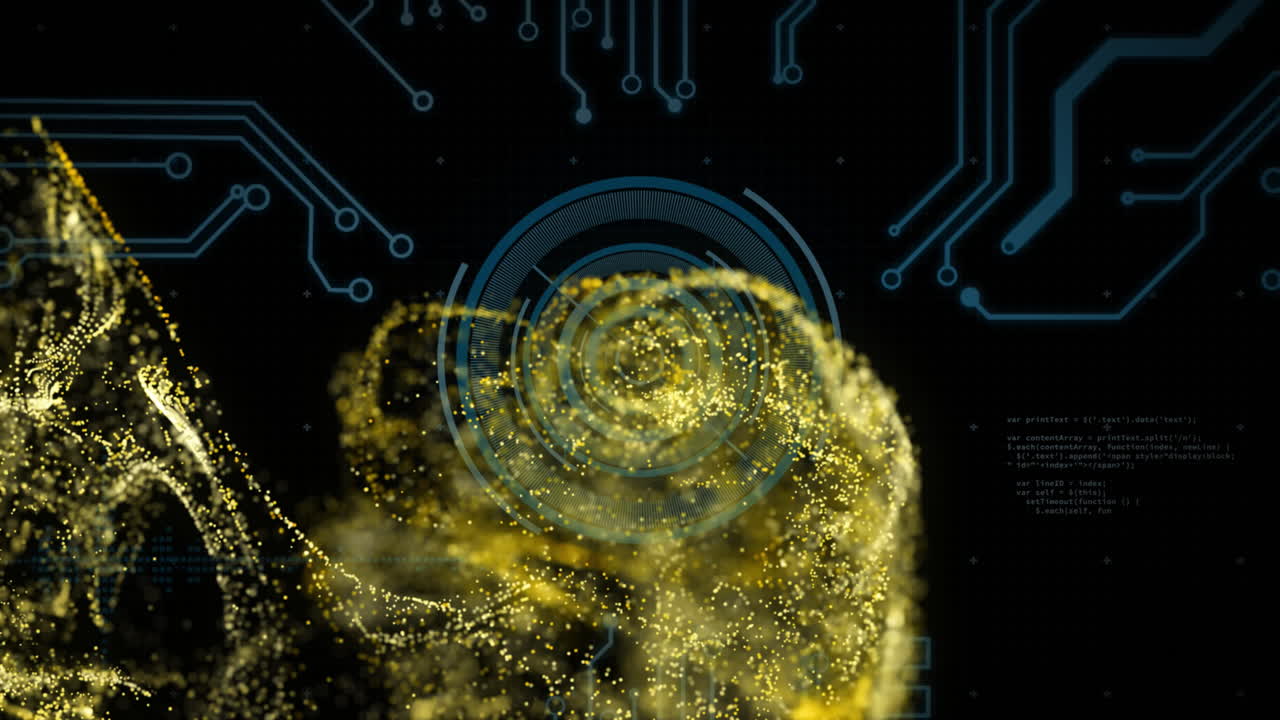 디지털 데이터 처리의 애니메이션과 회로 보드 및 불꽃의 범위