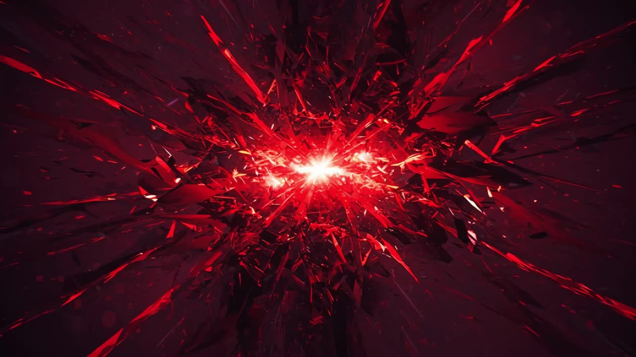 Visual exploration of a vibrant explosion of light and color in a digital art piece showcasing intense reds and dynamic shapes