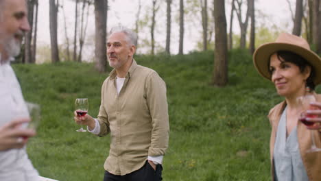 group of middle aged friends dancing while holding wine glasses in the park