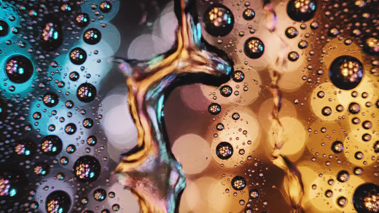 Gotículas de água em macro na superfície com luzes bokeh coloridas