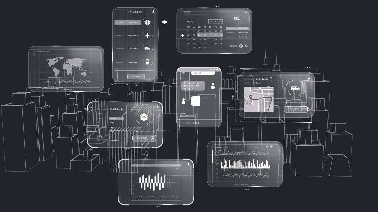 Aggiornamento dati in arrivo, cluster HUD che si aggiorna e si collega a una città wireframe, monitoraggio delle operazioni