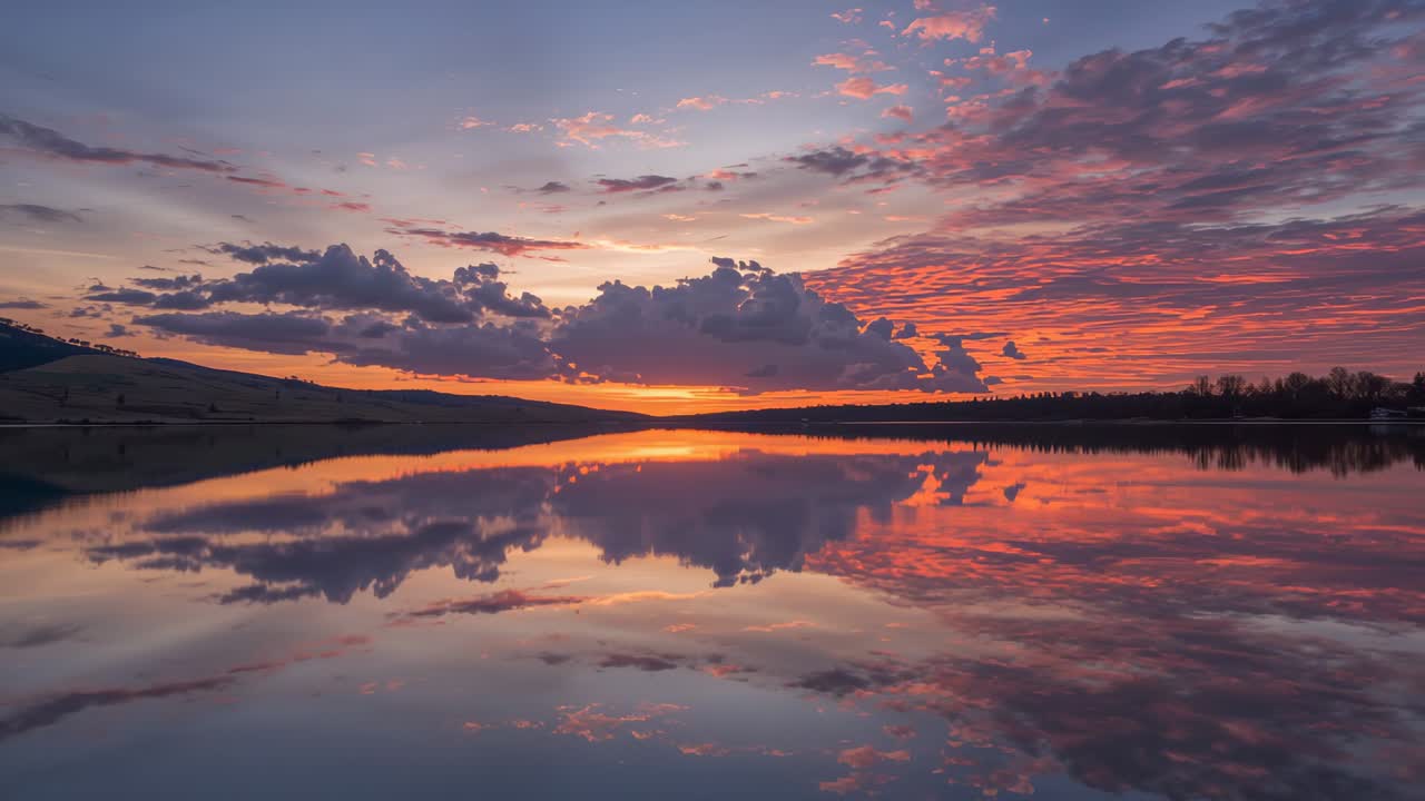 Intensifying sunlight casting golden pink hues on clouds at lakeside, mirroring on lake surface