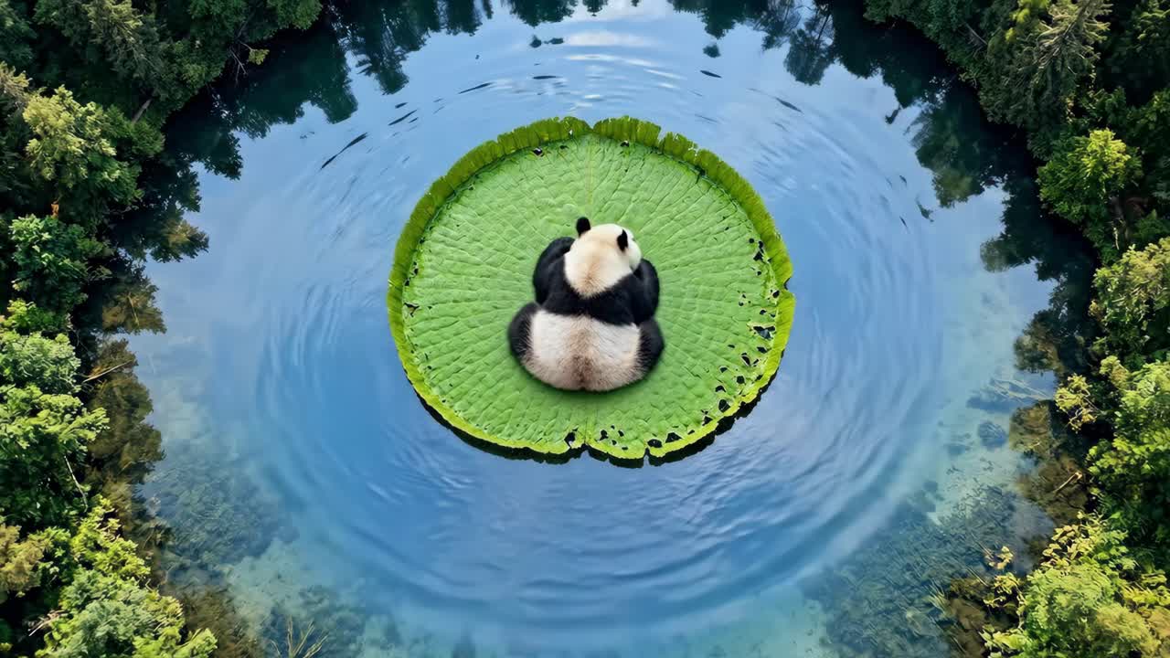 Vista Aerea di un Panda Seduto su una Gigante Ninfea in un Lago della Foresta