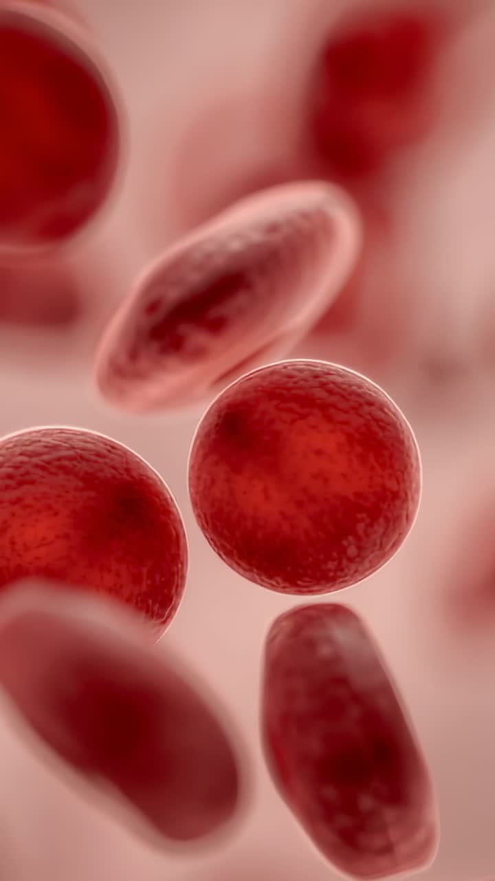 Vertical video: Panning camera capturing red blood cells drifting through vessel, while rotating