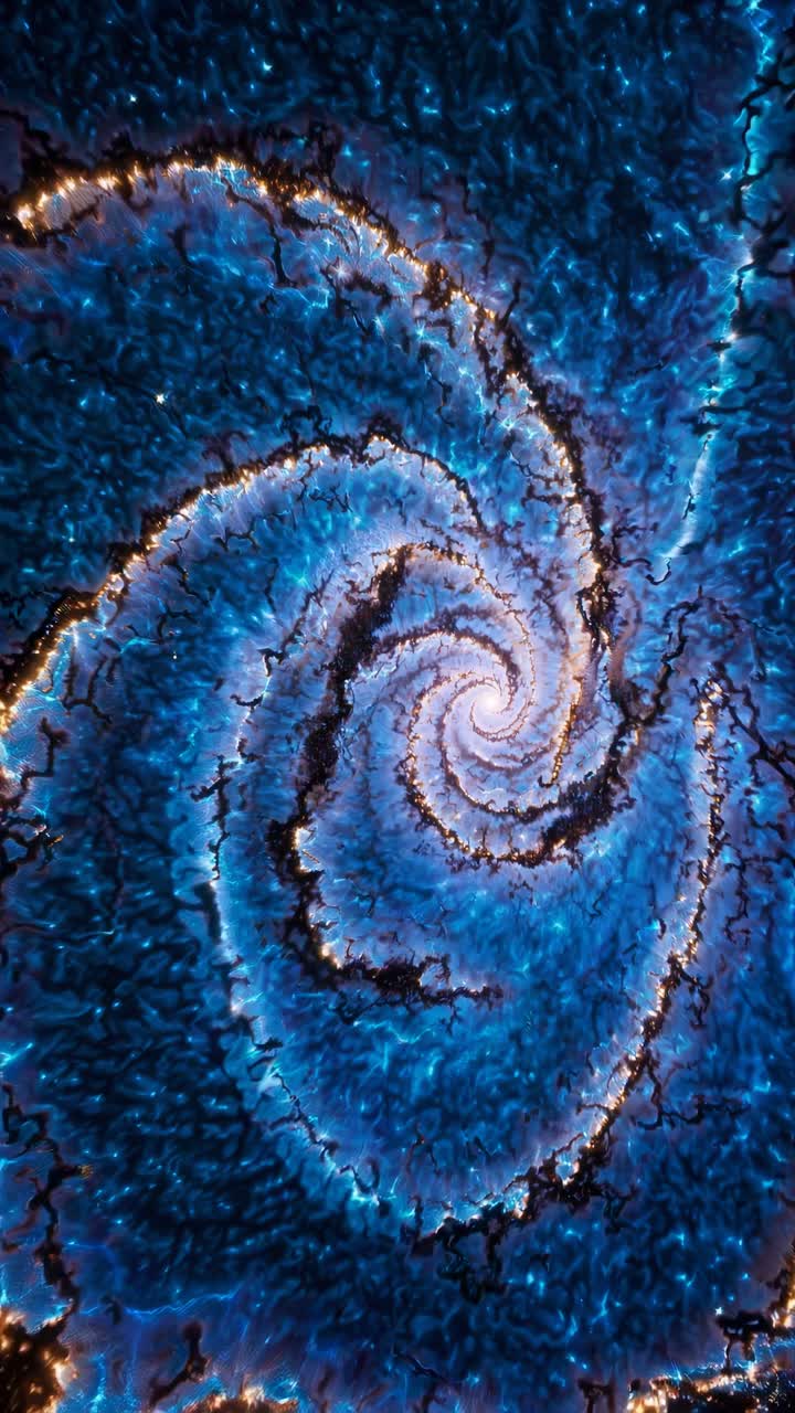 Spiral galaxy-like pattern in vibrant blue and gold, top-down angle, ideal for video backgrounds