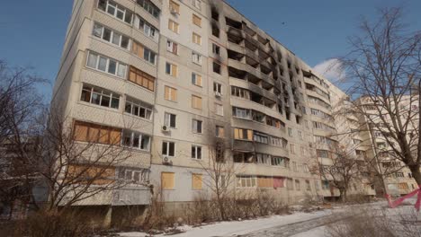 terraced residential building damaged by war operations in ukraine