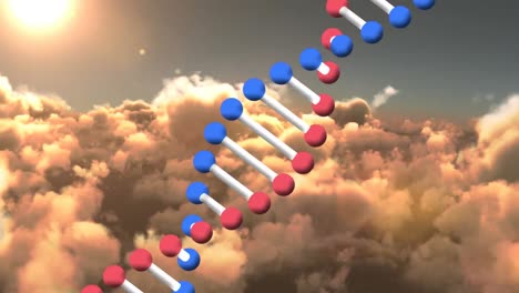 animación de una cadena de adn girando sobre nubes y cielo