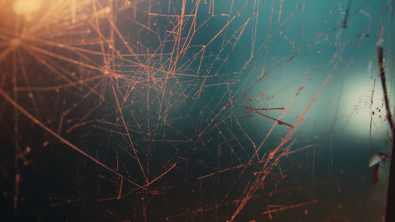 Scratched panel reflecting glints in studio as warm orange and teal lights shift revealing textures