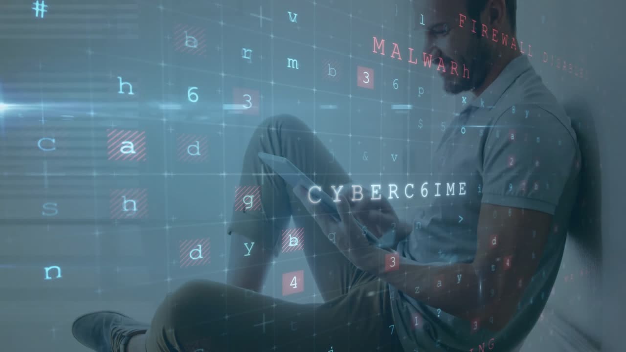 Mid adult male tapping tablet and monitoring cybersecurity overlay showing malware warnings