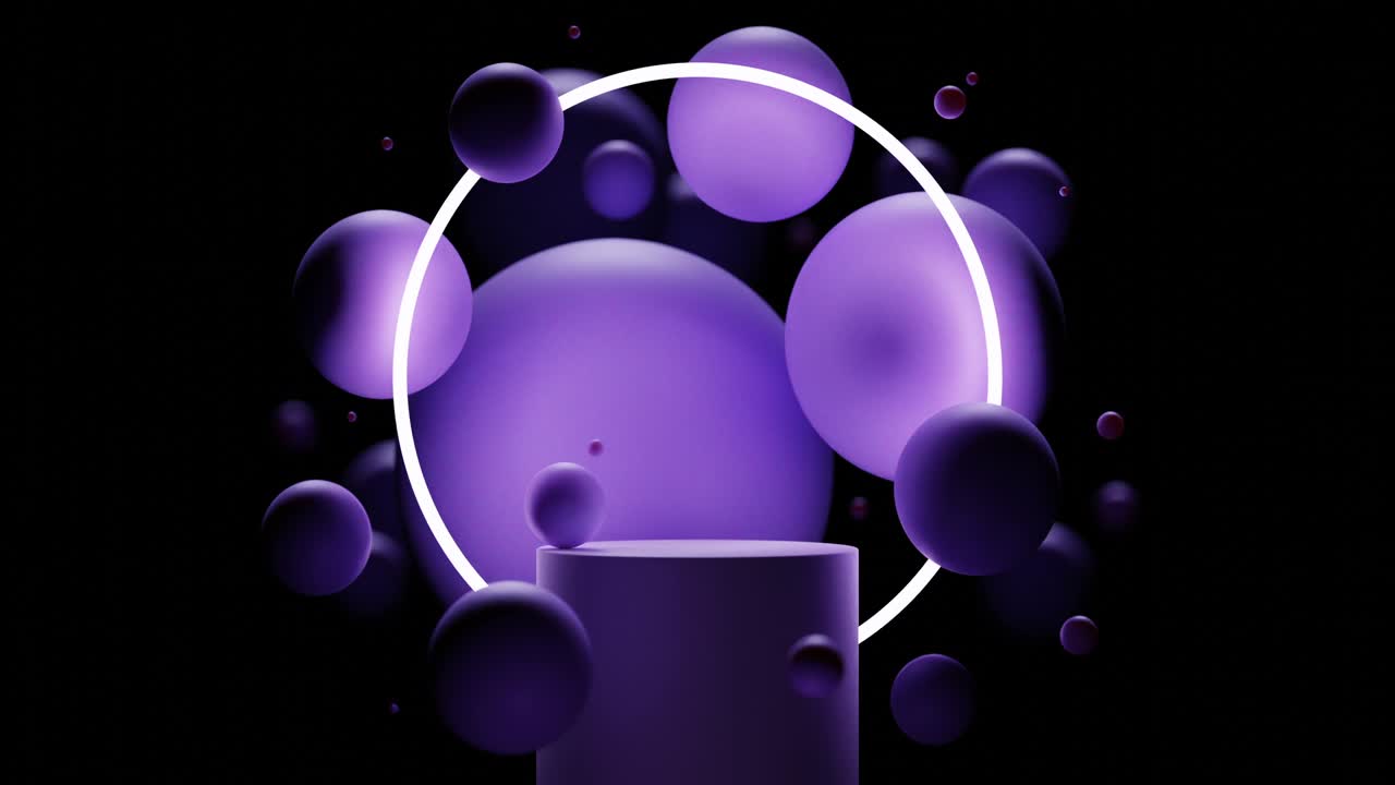 фиолетовый 3d-мокет подиума с летающими сферами или шарами с круглым неоновым освещением в темноте. абстрактный геометрический 3d-фона с циклной анимацией. современная платформа для презентации продуктов или косметики.