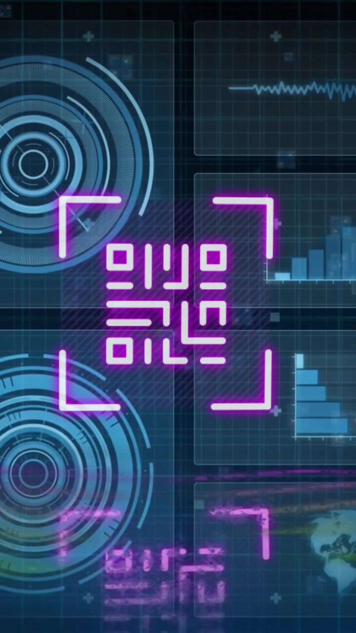 Animation of qr code over scope scanning and data processing on black background