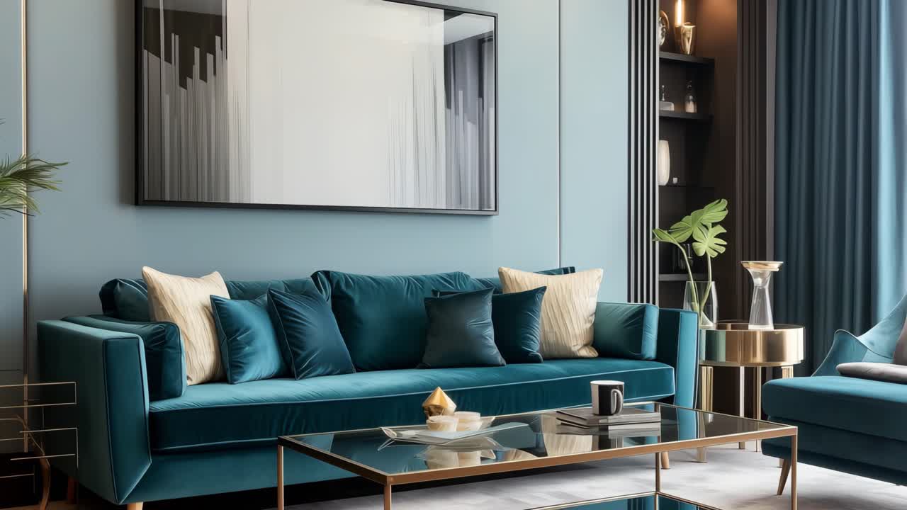 Teal sofa adorned with cushions serves as the centerpiece in an elegant living room featuring matching curtains, a glass coffee table with a gold frame, and luxurious gold accents
