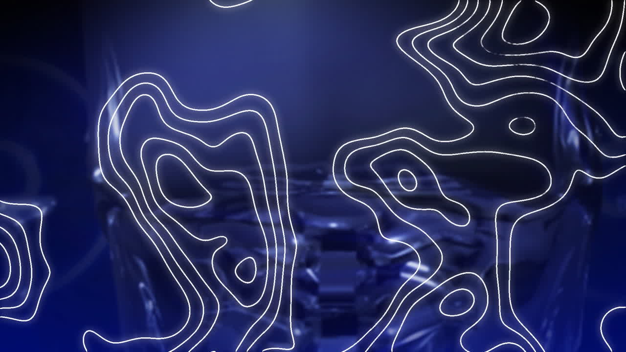 Animation of rotating human head over dark blue background with isohypses