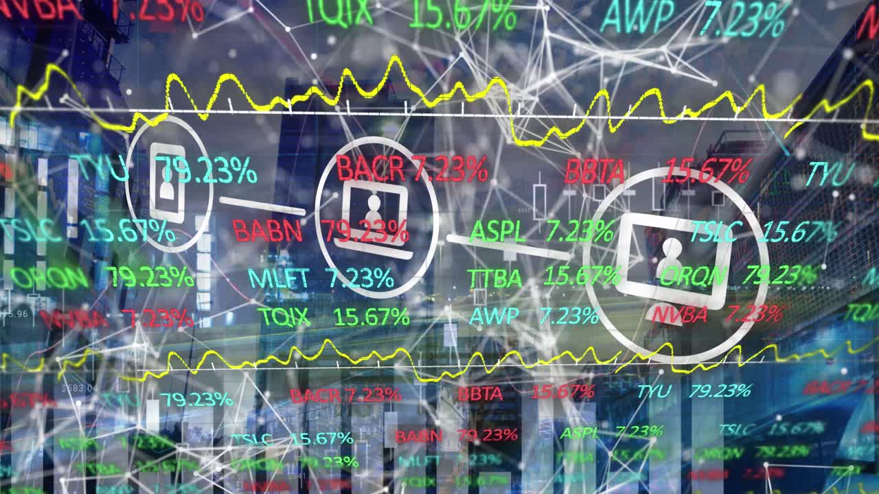 도시 풍경 위의 아이콘과 증권 시장과의 연결 네트워크의 애니메이션