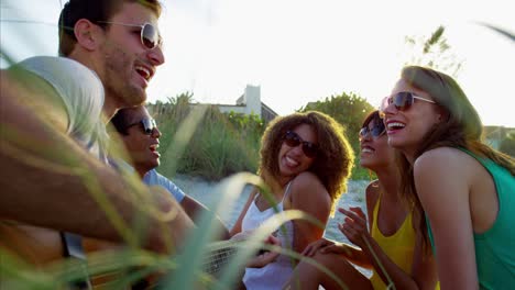 personas multiétnicas disfrutando de una fiesta en la playa con guitarra