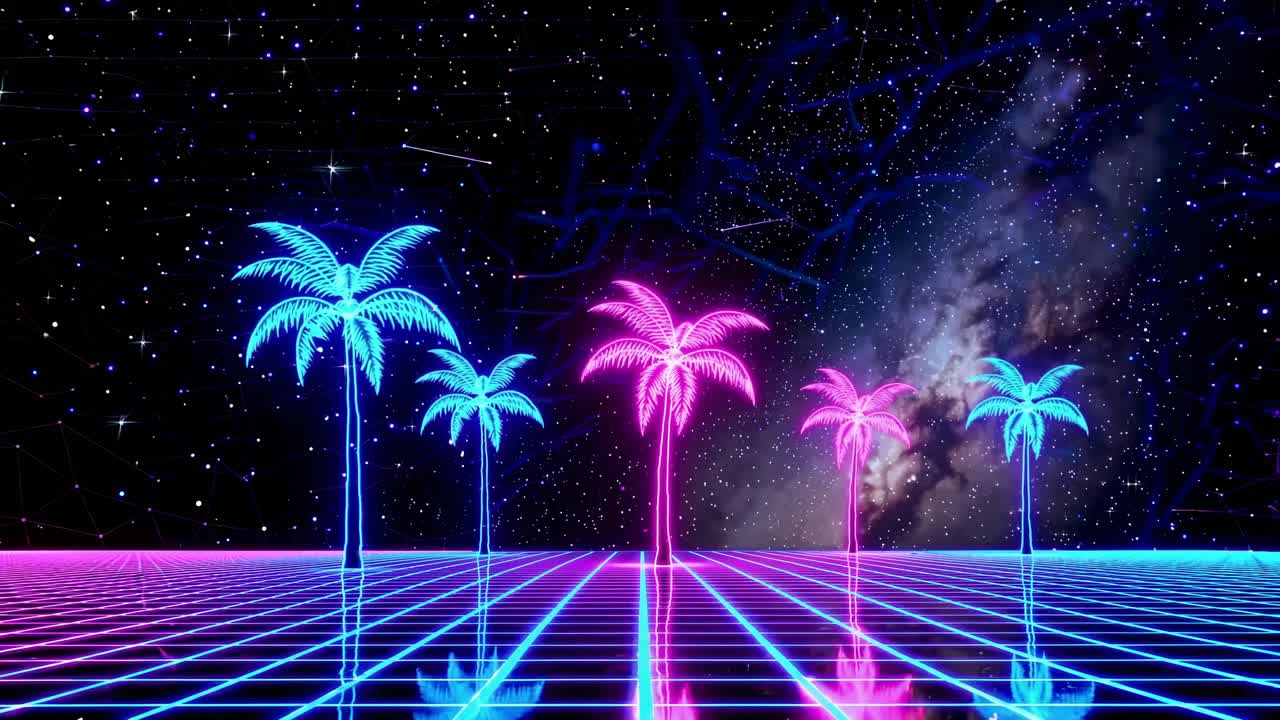 Retro Futuristic Palm Trees in a Gridded Space Landscape